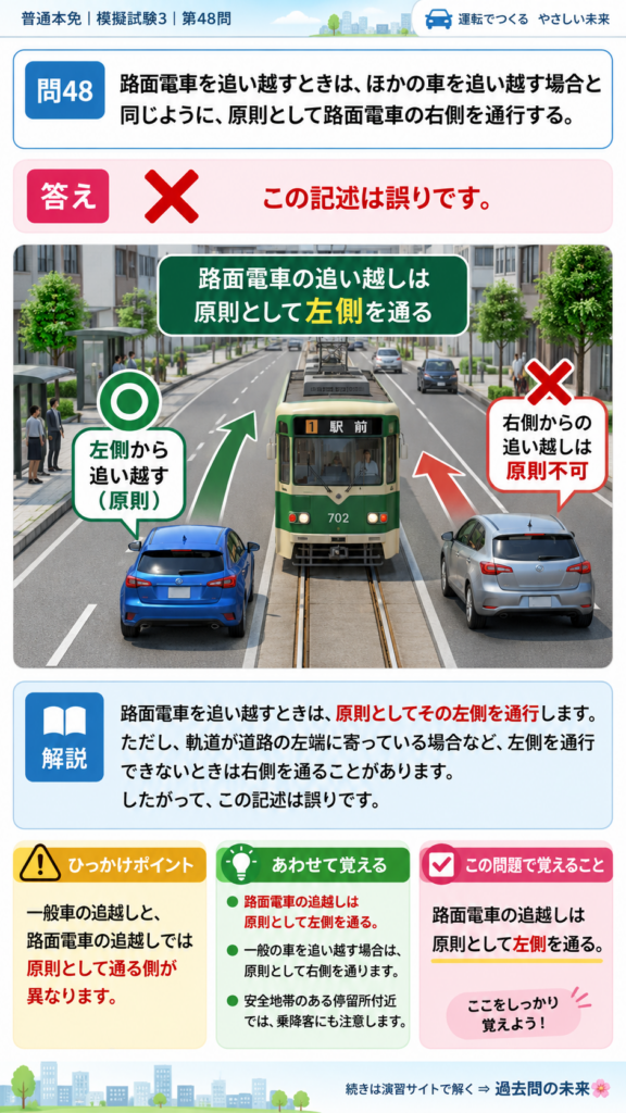 【普通免許本免学科試験】模擬試験3｜問48｜路面電車を追い越す側｜自動車や一般原動機付自転車の運転の方法を解説する画像__honmen-set-03-q048