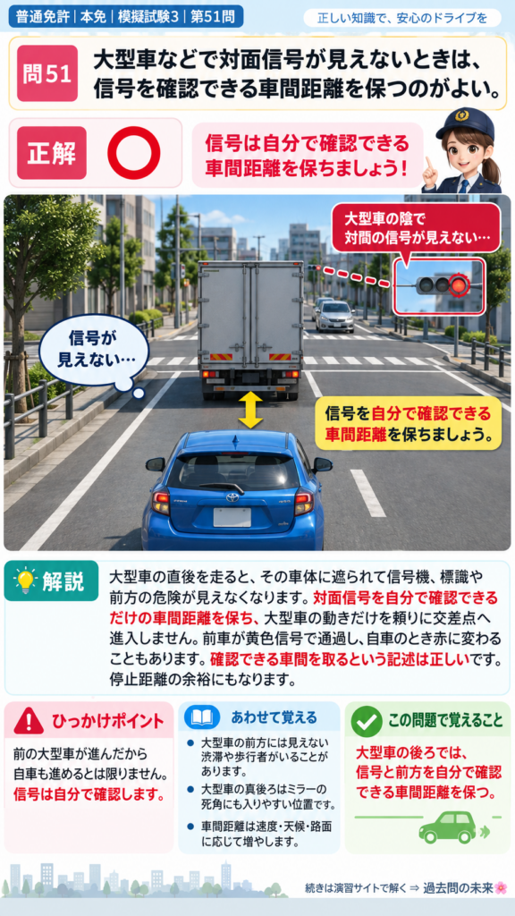 【普通免許本免学科試験】模擬試験3｜問51｜前車で信号が見えないときの車間確保｜自動車や一般原動機付自転車の運転の方法を解説する画像__honmen-set-03-q051