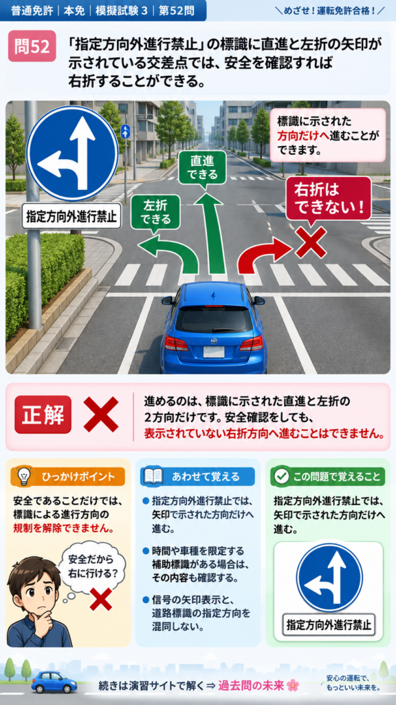【普通免許本免学科試験】模擬試験3｜問52｜指定方向外進行禁止の矢印｜自動車や一般原動機付自転車の運転の方法を解説する画像__honmen-set-03-q052