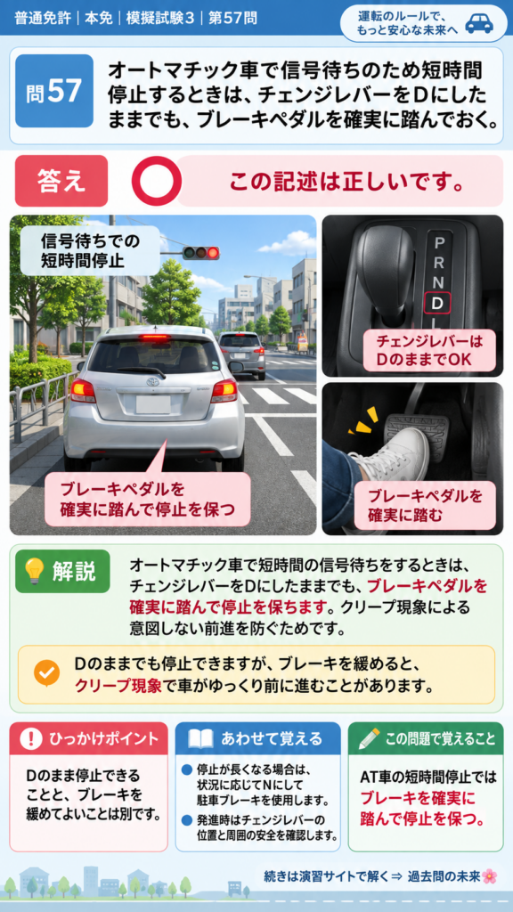 【普通免許本免学科試験】模擬試験3｜問57｜AT車の信号待ちでのブレーキ操作｜自動車や一般原動機付自転車の運転の方法を解説する画像__honmen-set-03-q057