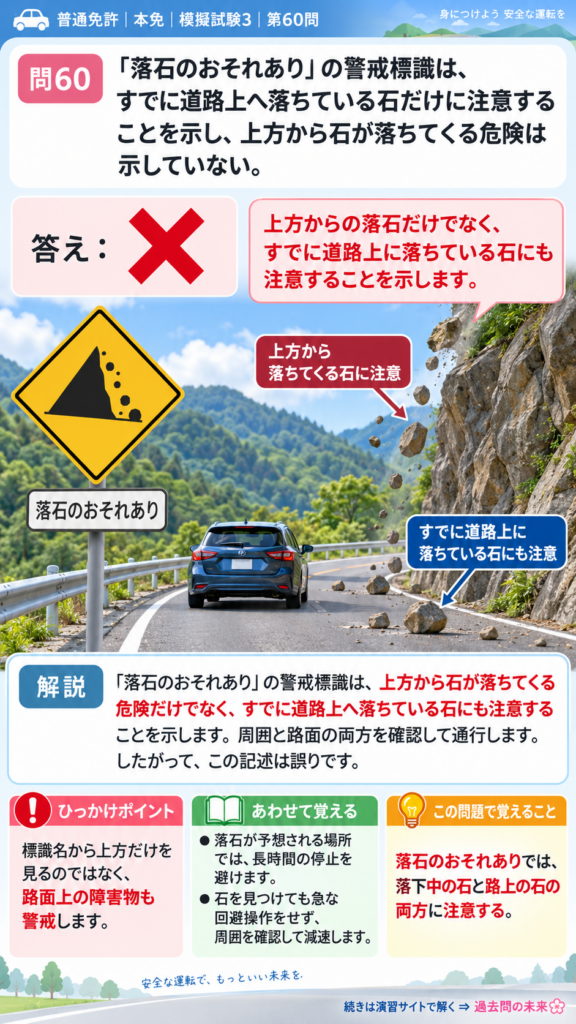 【普通免許本免学科試験】模擬試験3｜問60｜落石のおそれあり標識の注意対象｜危険な場所などでの運転を解説する画像__honmen-set-03-q060