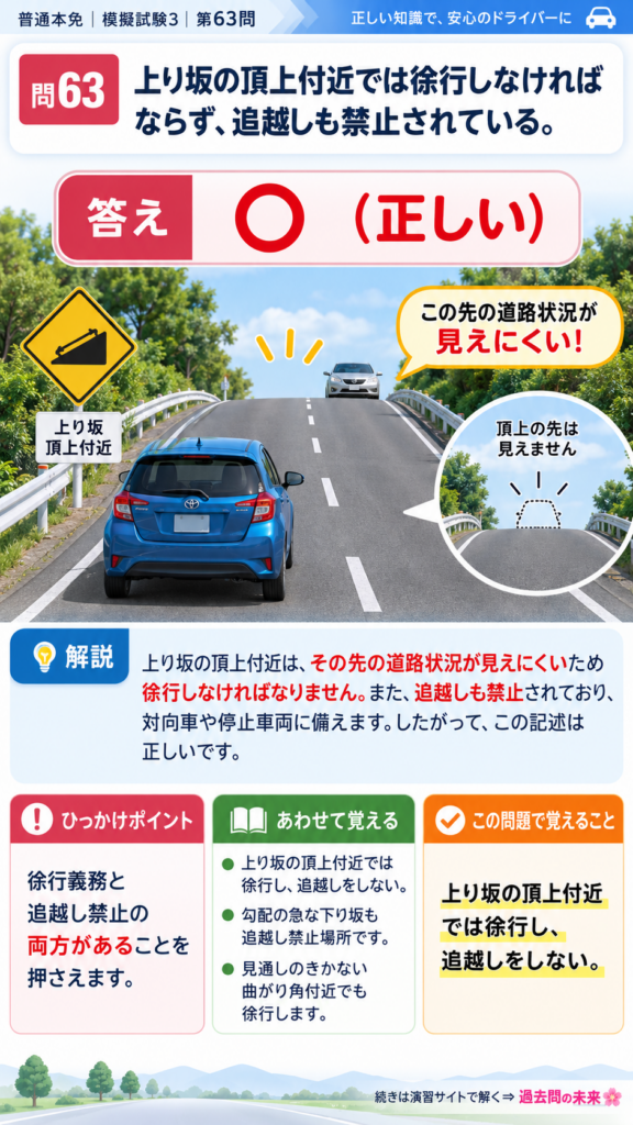 【普通免許本免学科試験】模擬試験3｜問63｜上り坂の頂上付近の徐行と追越し禁止｜危険な場所などでの運転を解説する画像__honmen-set-03-q063