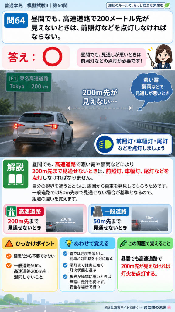 【普通免許本免学科試験】模擬試験3｜問64｜高速道路で200メートル先が見えない場合の点灯｜危険な場所などでの運転を解説する画像__honmen-set-03-q064