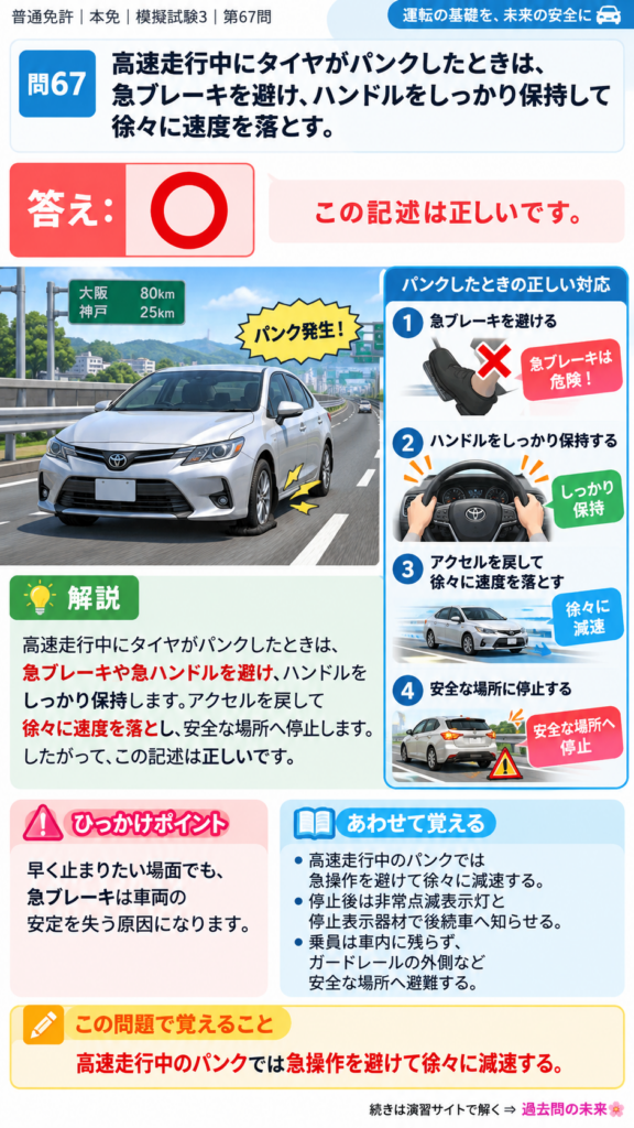 【普通免許本免学科試験】模擬試験3｜問67｜高速走行中のタイヤパンク時の対応｜危険な場所などでの運転を解説する画像__honmen-set-03-q067