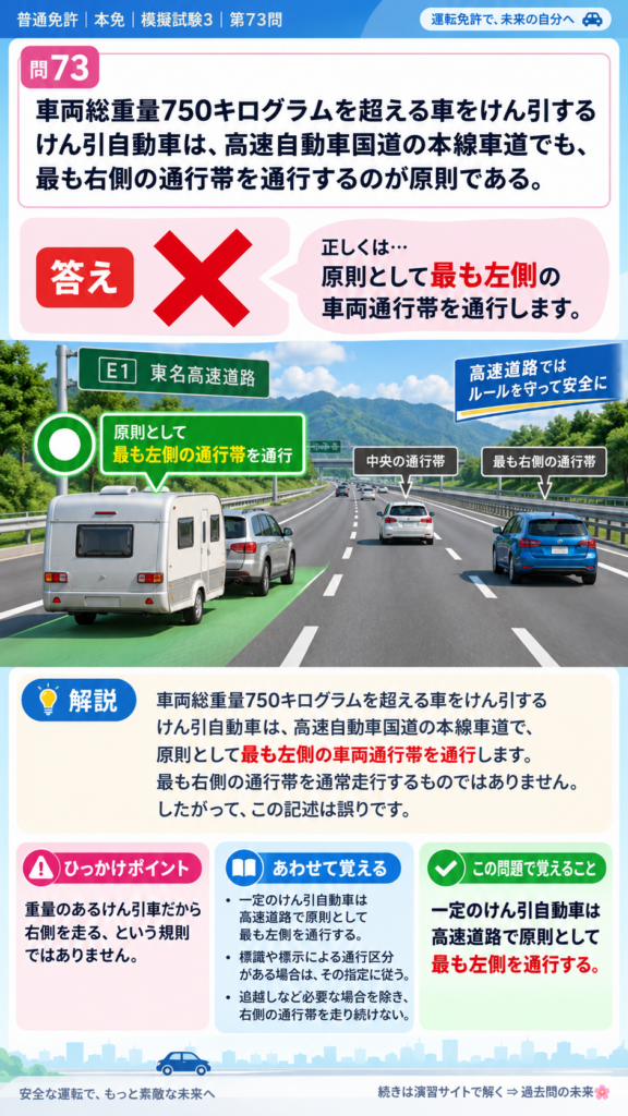 【普通免許本免学科試験】模擬試験3｜問73｜けん引自動車の高速道路での通行帯｜高速道路での走行を解説する画像__honmen-set-03-q073
