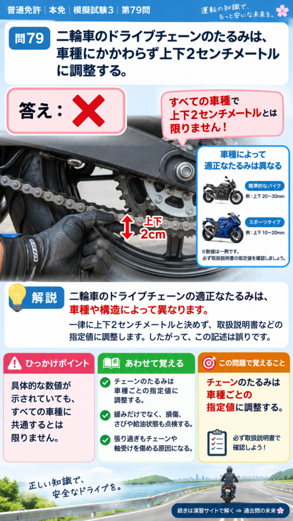 【普通免許本免学科試験】模擬試験3｜問79｜ドライブチェーンの適正なたるみ｜二輪車の運転の方法を解説する画像__honmen-set-03-q079
