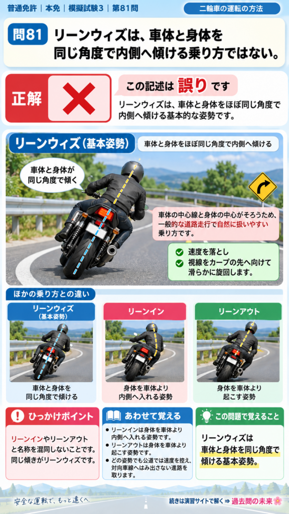 【普通免許本免学科試験】模擬試験3｜問81｜リーンウィズで車体と身体を傾ける方法｜二輪車の運転の方法を解説する画像__honmen-set-03-q081