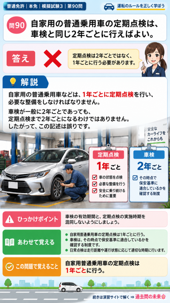 【普通免許本免学科試験】模擬試験3｜問90｜自家用普通乗用車の定期点検時期｜自動車所有者の心得を解説する画像__honmen-set-03-q090