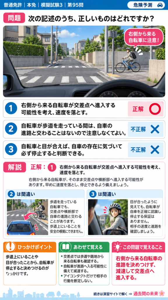 【普通免許本免学科試験】模擬試験3｜問95｜右側から交差点へ来る自転車｜危険予測を解説する画像__honmen-set-03-q095