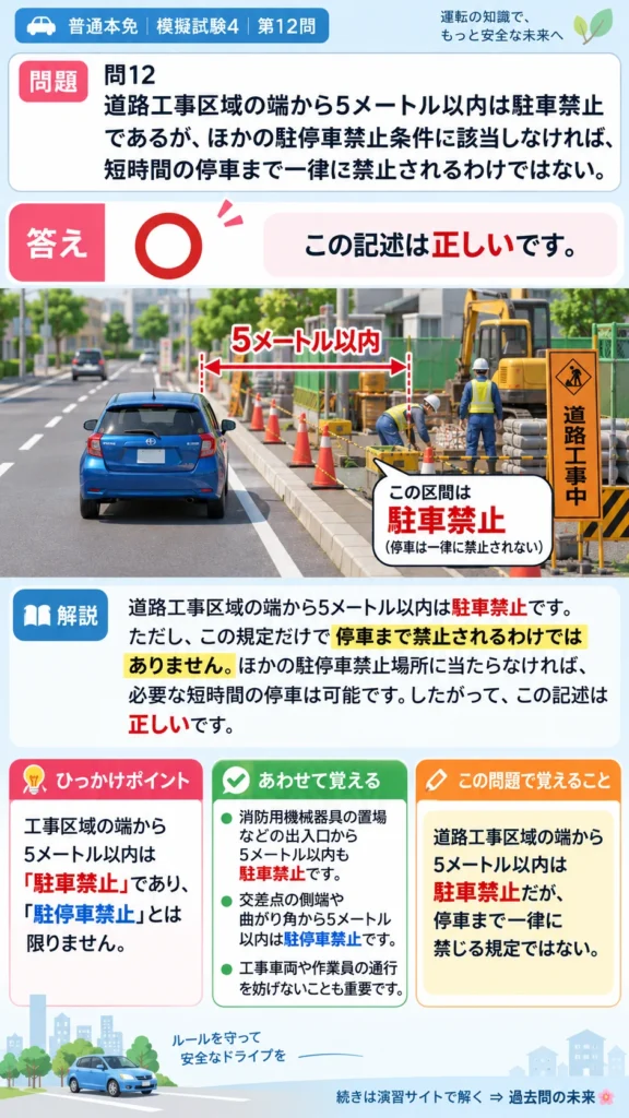 【普通免許本免学科試験】模擬試験4｜問12｜道路工事区域付近の駐車禁止｜歩行者と運転者に共通の心得を解説する画像__honmen-set-04-q012