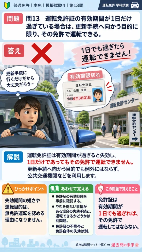 【普通免許本免学科試験】模擬試験4｜問13｜運転免許証の有効期間切れと運転禁止｜自動車や一般原動機付自転車を運転する前の心得を解説する画像__honmen-set-04-q013