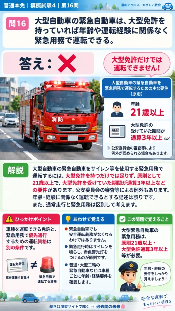 【普通免許本免学科試験】模擬試験4｜問16｜緊急自動車を緊急用務で運転する年齢・経験｜自動車や一般原動機付自転車を運転する前の心得を解説する画像__honmen-set-04-q016