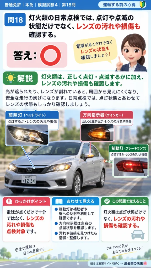 【普通免許本免学科試験】模擬試験4｜問18｜灯火類の汚れと損傷を含む日常点検｜自動車や一般原動機付自転車を運転する前の心得を解説する画像__honmen-set-04-q018