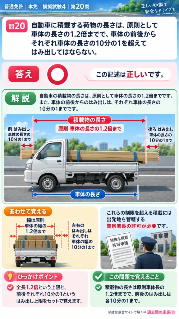 【普通免許本免学科試験】模擬試験4｜問20｜積載物の長さと前後のはみ出し制限｜自動車や一般原動機付自転車を運転する前の心得を解説する画像__honmen-set-04-q020