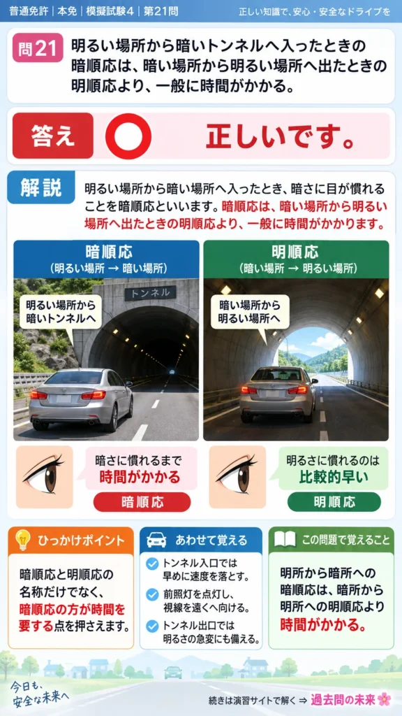 【普通免許本免学科試験】模擬試験4｜問21｜暗順応と明順応にかかる時間｜自動車や一般原動機付自転車を運転する前の心得を解説する画像__honmen-set-04-q021