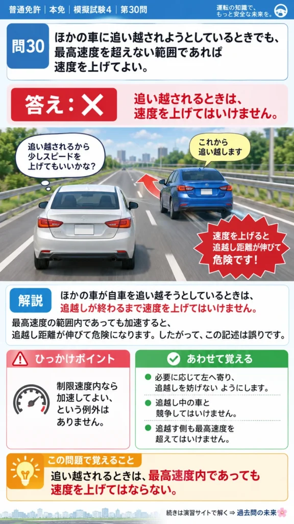 【普通免許本免学科試験】模擬試験4｜問30｜追い越されるときに速度を上げない義務｜自動車や一般原動機付自転車の運転の方法を解説する画像__honmen-set-04-q030