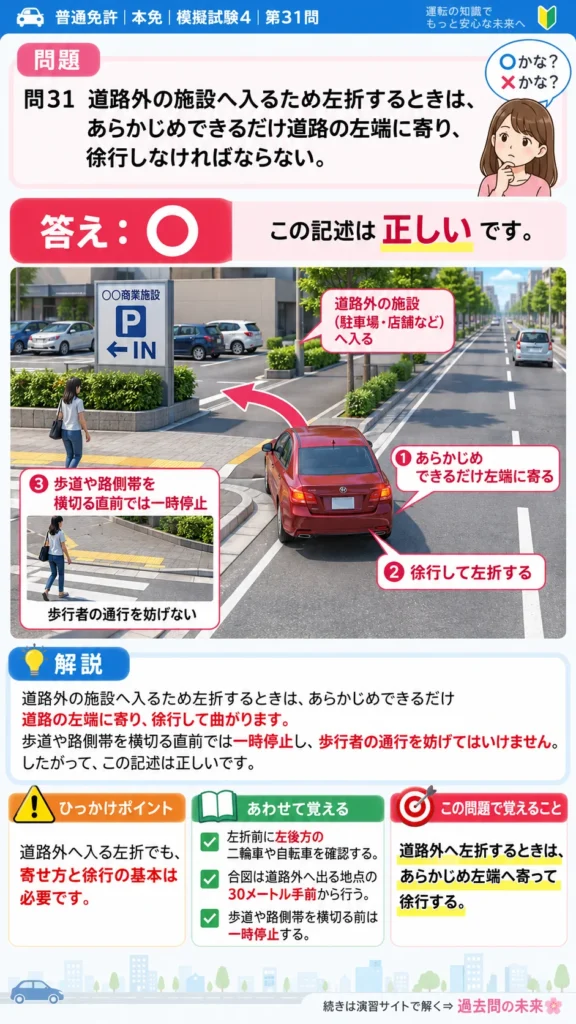 【普通免許本免学科試験】模擬試験4｜問31｜道路外へ左折するときの寄せ方と徐行｜自動車や一般原動機付自転車の運転の方法を解説する画像__honmen-set-04-q031