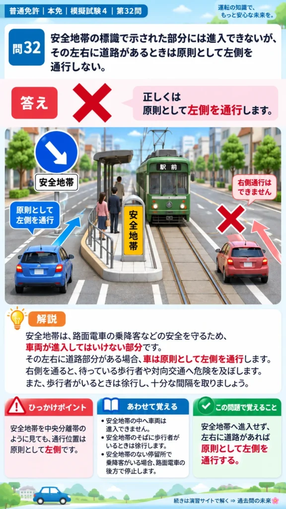 【普通免許本免学科試験】模擬試験4｜問32｜安全地帯の左側と右側の通行｜自動車や一般原動機付自転車の運転の方法を解説する画像__honmen-set-04-q032