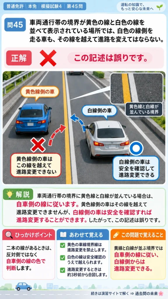 【普通免許本免学科試験】模擬試験4｜問45｜黄色線と白線が並ぶ境界での進路変更｜自動車や一般原動機付自転車の運転の方法を解説する画像__honmen-set-04-q045