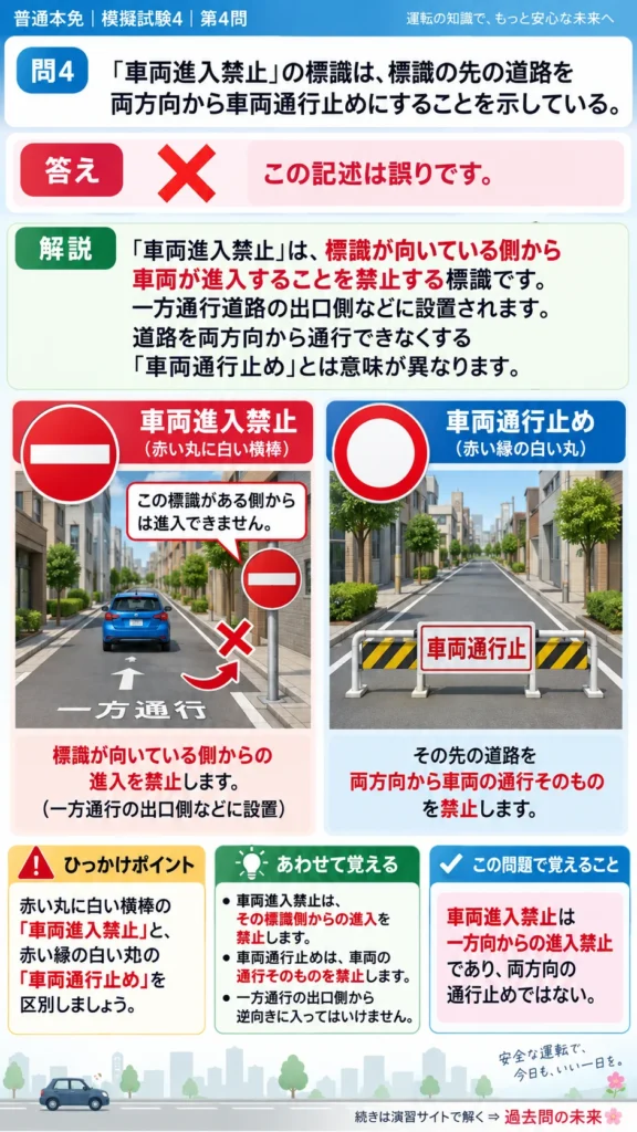 【普通免許本免学科試験】模擬試験4｜問4｜車両進入禁止と車両通行止めの違い｜歩行者と運転者に共通の心得を解説する画像__honmen-set-04-q004