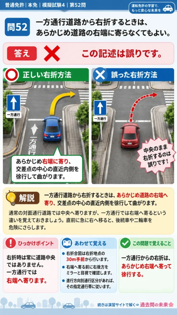 【普通免許本免学科試験】模擬試験4｜問52｜一方通行道路から右折するときの右端寄り｜自動車や一般原動機付自転車の運転の方法を解説する画像__honmen-set-04-q052