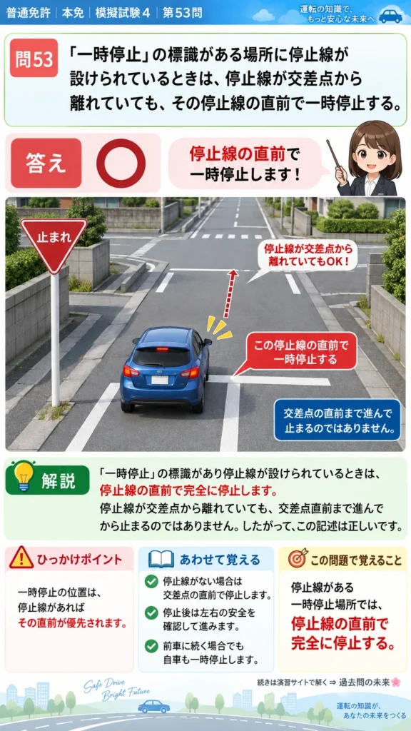 【普通免許本免学科試験】模擬試験4｜問53｜停止線がある一時停止場所の停止位置｜自動車や一般原動機付自転車の運転の方法を解説する画像__honmen-set-04-q053
