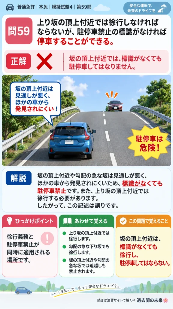 【普通免許本免学科試験】模擬試験4｜問59｜上り坂の頂上付近の駐停車禁止｜危険な場所などでの運転を解説する画像__honmen-set-04-q059