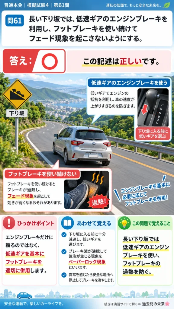 【普通免許本免学科試験】模擬試験4｜問61｜長い下り坂でのエンジンブレーキとフェード防止｜危険な場所などでの運転を解説する画像__honmen-set-04-q061