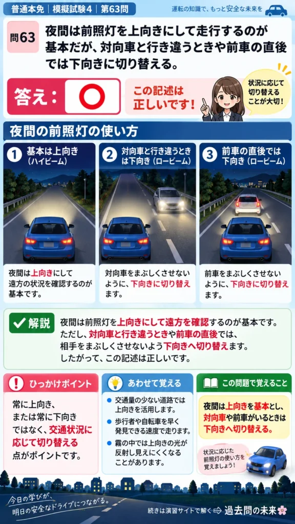 【普通免許本免学科試験】模擬試験4｜問63｜夜間の上向き前照灯と下向きへの切替え｜危険な場所などでの運転を解説する画像__honmen-set-04-q063