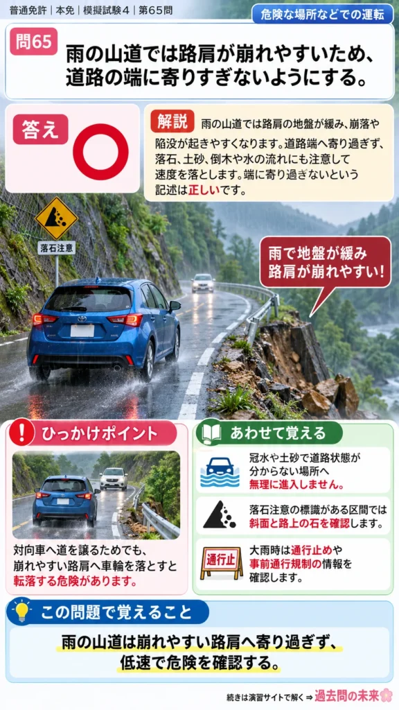 【普通免許本免学科試験】模擬試験4｜問65｜山道で緩んだ路肩へ寄りすぎない判断｜危険な場所などでの運転を解説する画像__honmen-set-04-q065
