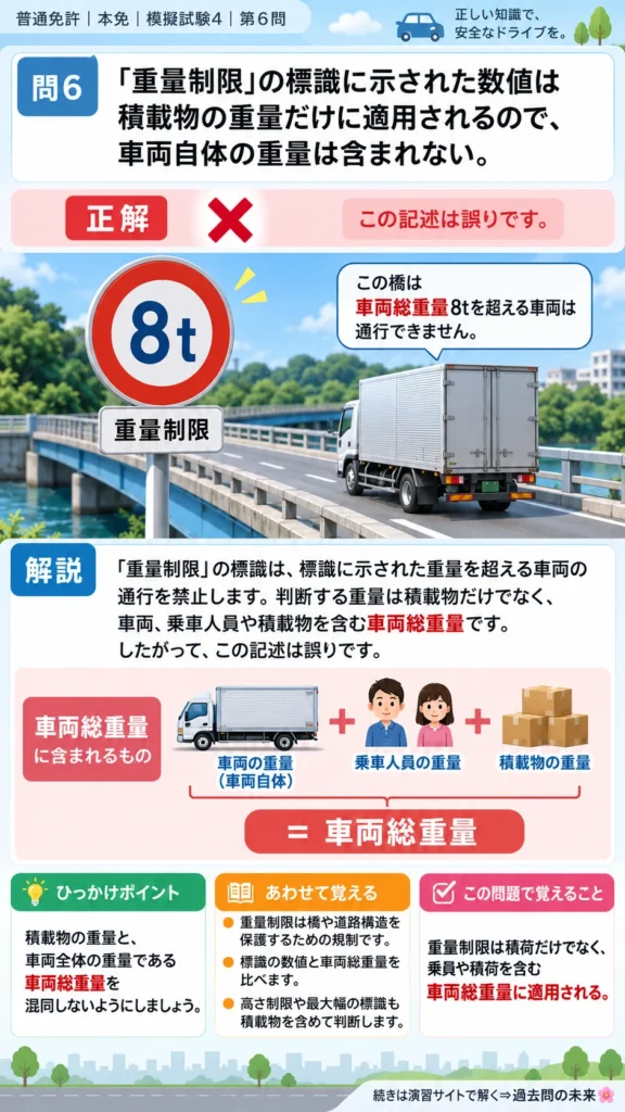 【普通免許本免学科試験】模擬試験4｜問6｜重量制限が対象とする車両総重量｜歩行者と運転者に共通の心得を解説する画像__honmen-set-04-q006