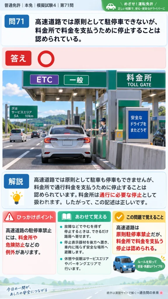 【普通免許本免学科試験】模擬試験4｜問71｜高速道路の駐停車禁止と料金所の例外｜高速道路での走行を解説する画像__honmen-set-04-q071