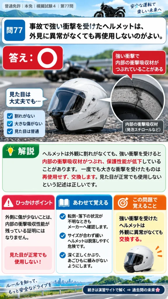 【普通免許本免学科試験】模擬試験4｜問77｜事故で衝撃を受けたヘルメットを再使用しない判断｜二輪車の運転の方法を解説する画像__honmen-set-04-q077