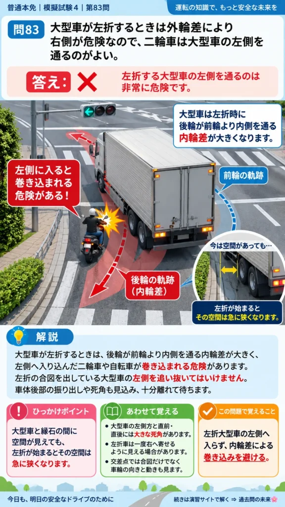 【普通免許本免学科試験】模擬試験4｜問83｜大型車左折時の内輪側へ近づかない判断｜二輪車の運転の方法を解説する画像__honmen-set-04-q083