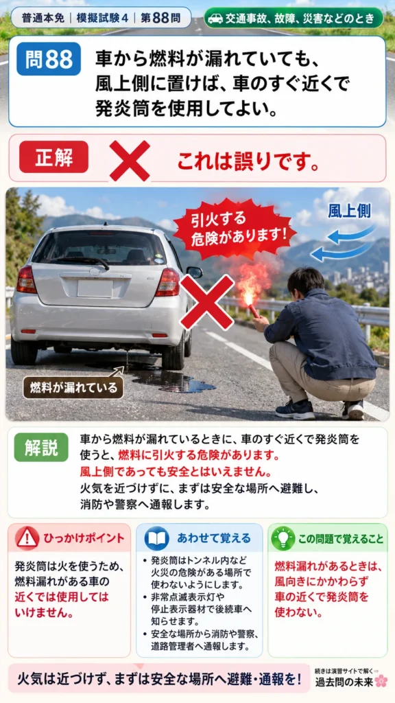 【普通免許本免学科試験】模擬試験4｜問88｜燃料漏れがあるときの発炎筒の使用禁止｜交通事故、故障、災害などのときを解説する画像__honmen-set-04-q088