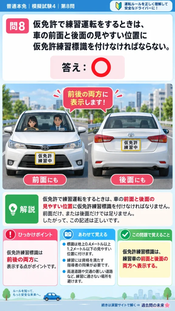 【普通免許本免学科試験】模擬試験4｜問8｜仮免許練習標識の取付位置｜歩行者と運転者に共通の心得を解説する画像__honmen-set-04-q008