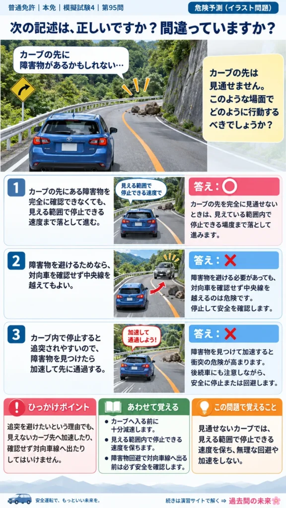 【普通免許本免学科試験】模擬試験4｜問95｜カーブ先の障害物に備える速度と進路｜危険予測を解説する画像__honmen-set-04-q095